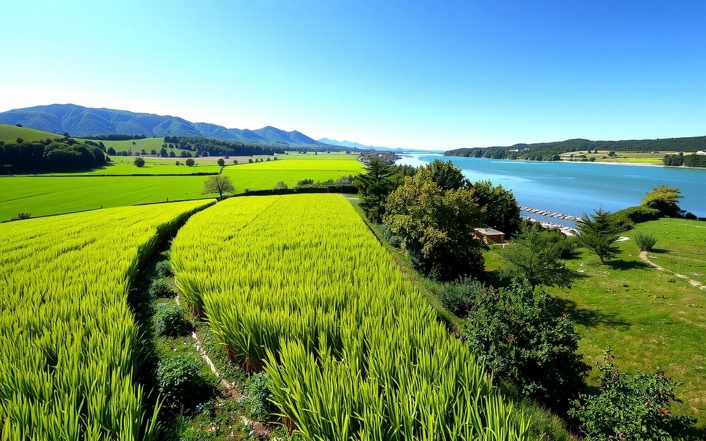 Serene natural landscape with lush green fields and clear rivers, symbolizing purity and natural origin