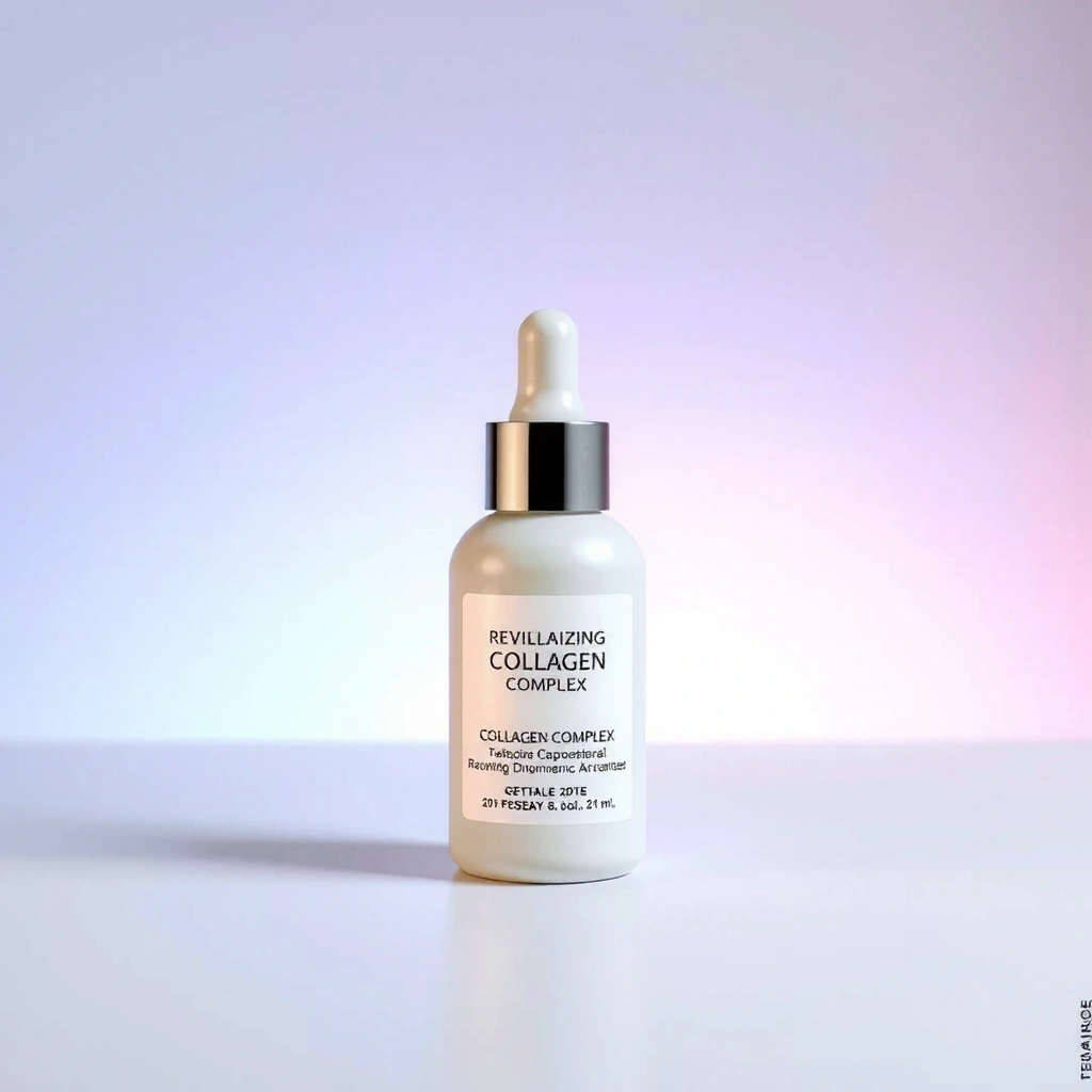 A sleek, minimalist bottle of Revitalizing Collagen Complex, with a soft matte finish and elegant label, set against a clean, bright background. The focus is on the bottle's design and premium feel.